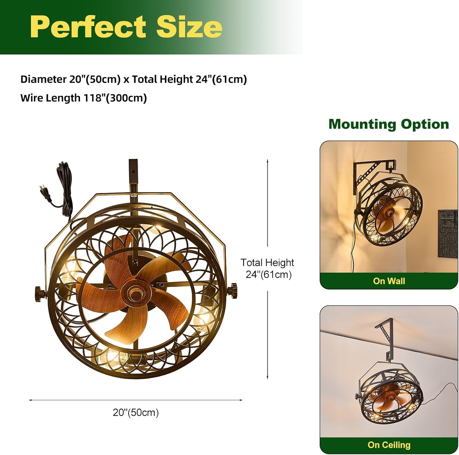 20" Wall Mount Fan with Light and Remote, Ceiling Fan Light with Plug in Cord 6 Speed 360° Adjustable Tilt Indoor Wall Hanging Fan