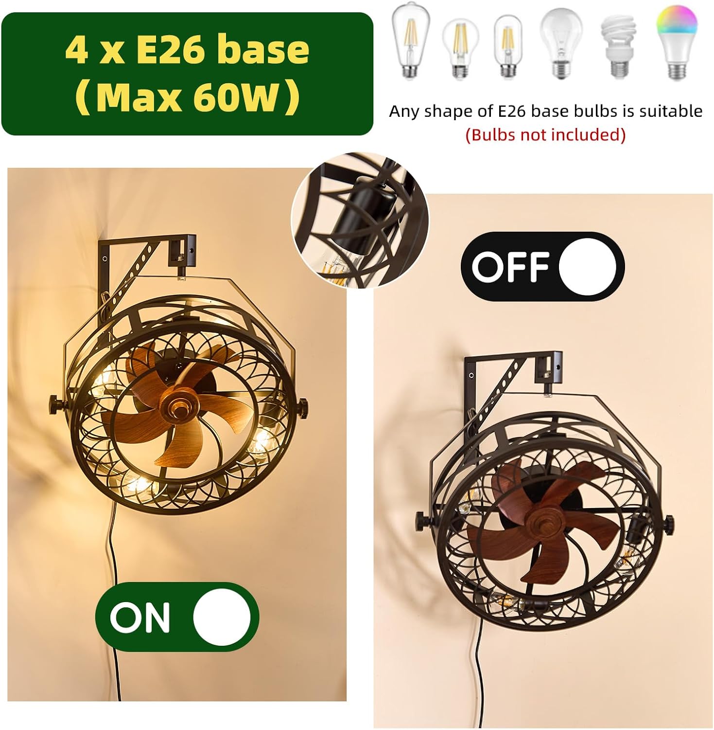 20" Wall Mount Fan with Light and Remote, Ceiling Fan Light with Plug in Cord 6 Speed 360° Adjustable Tilt Indoor Wall Hanging Fan