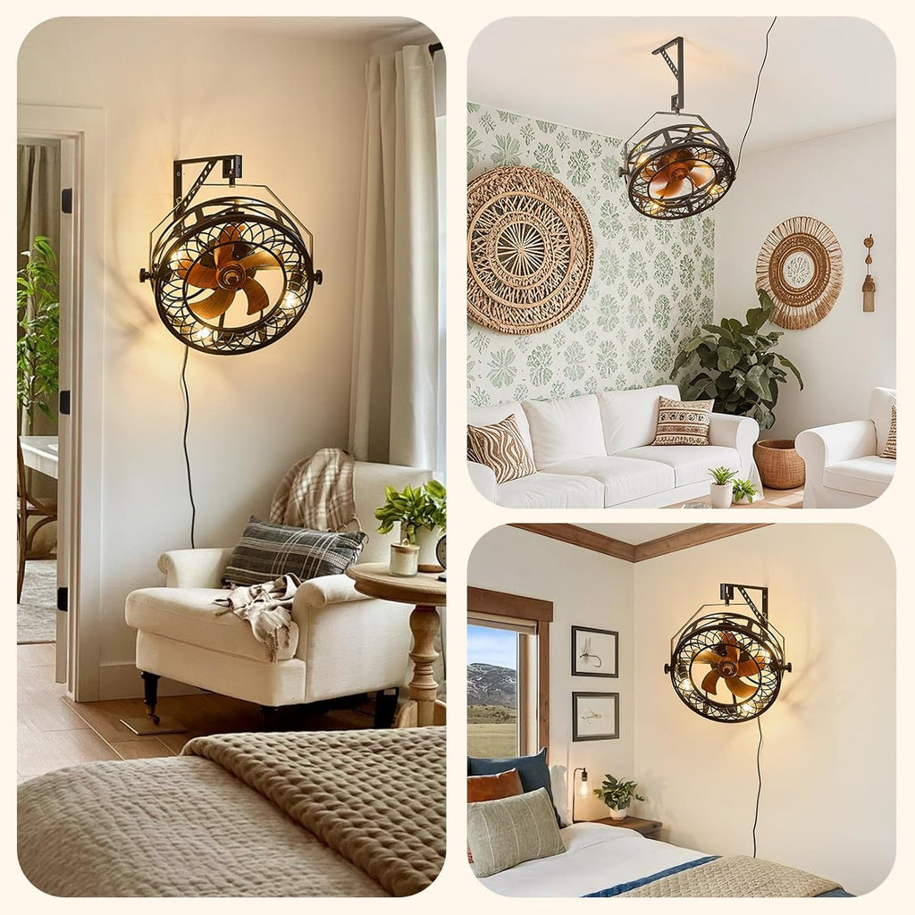 20" Wall Mount Fan with Light and Remote, Ceiling Fan Light with Plug in Cord 6 Speed 360° Adjustable Tilt Indoor Wall Hanging Fan