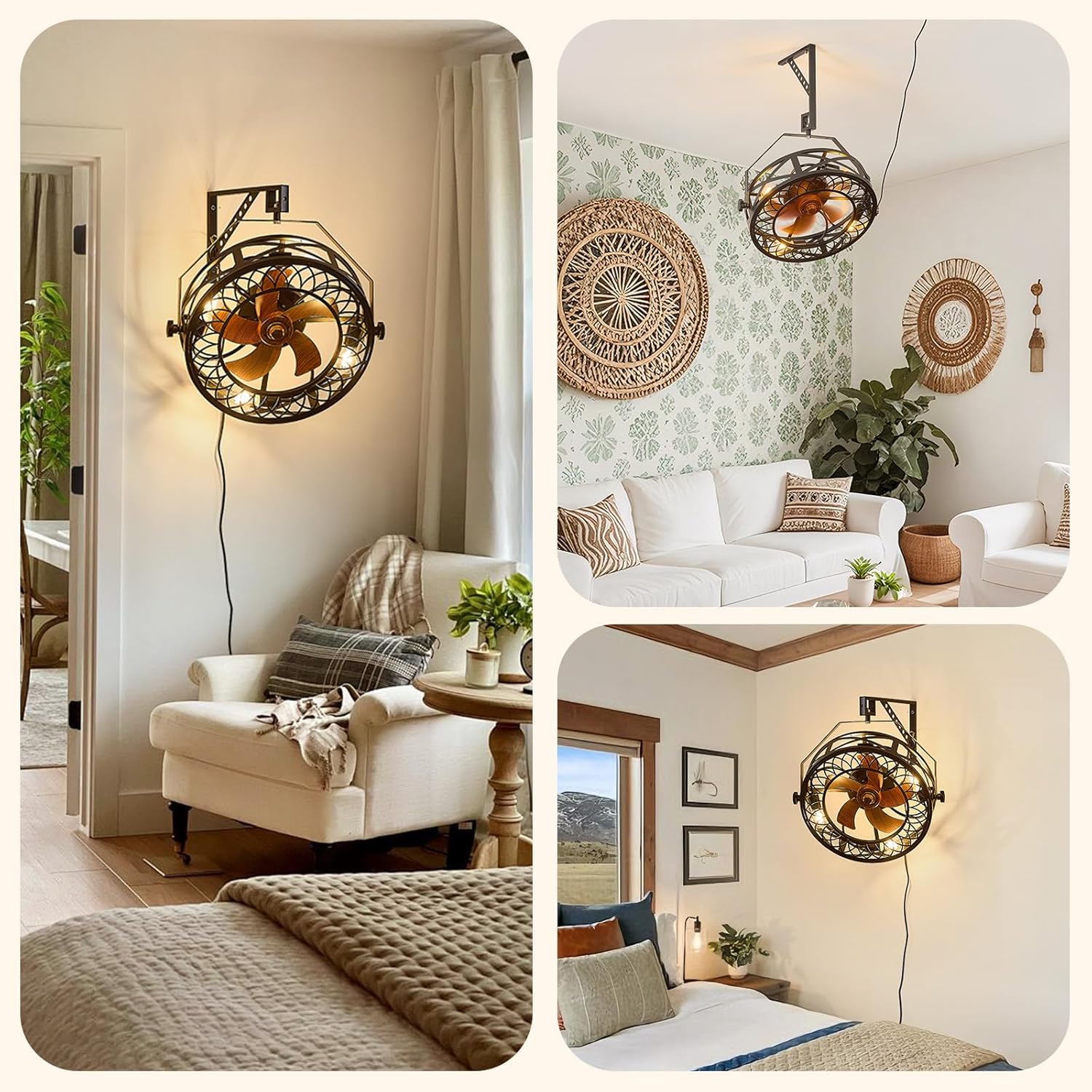 20" Wall Mount Fan with Light and Remote, Ceiling Fan Light with Plug in Cord 6 Speed 360° Adjustable Tilt Indoor Wall Hanging Fan