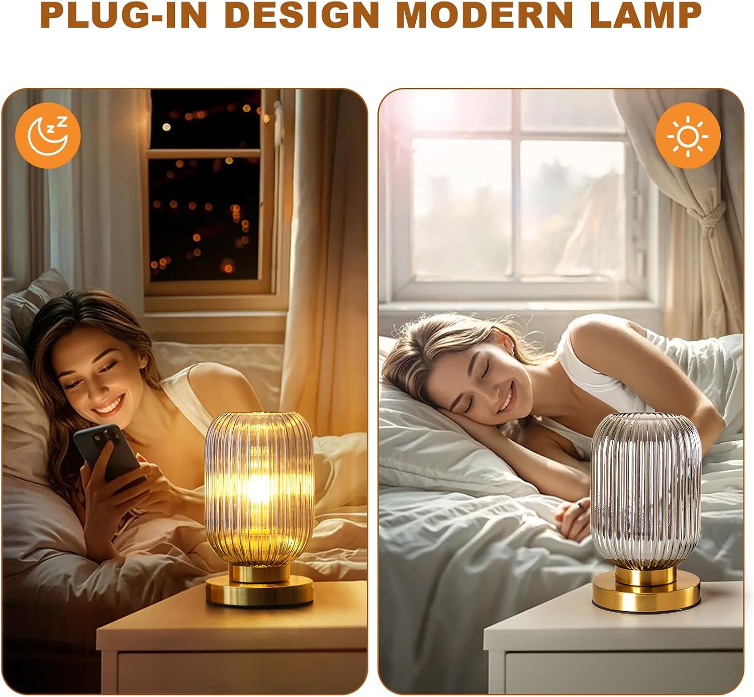 Bedside Table Lamp with Glass Shade Modern Desk Lamp with Plug-in Style for Bedroom Living Room
