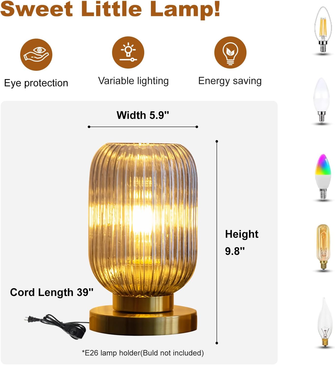 Bedside Table Lamp with Glass Shade Modern Desk Lamp with Plug-in Style for Bedroom Living Room