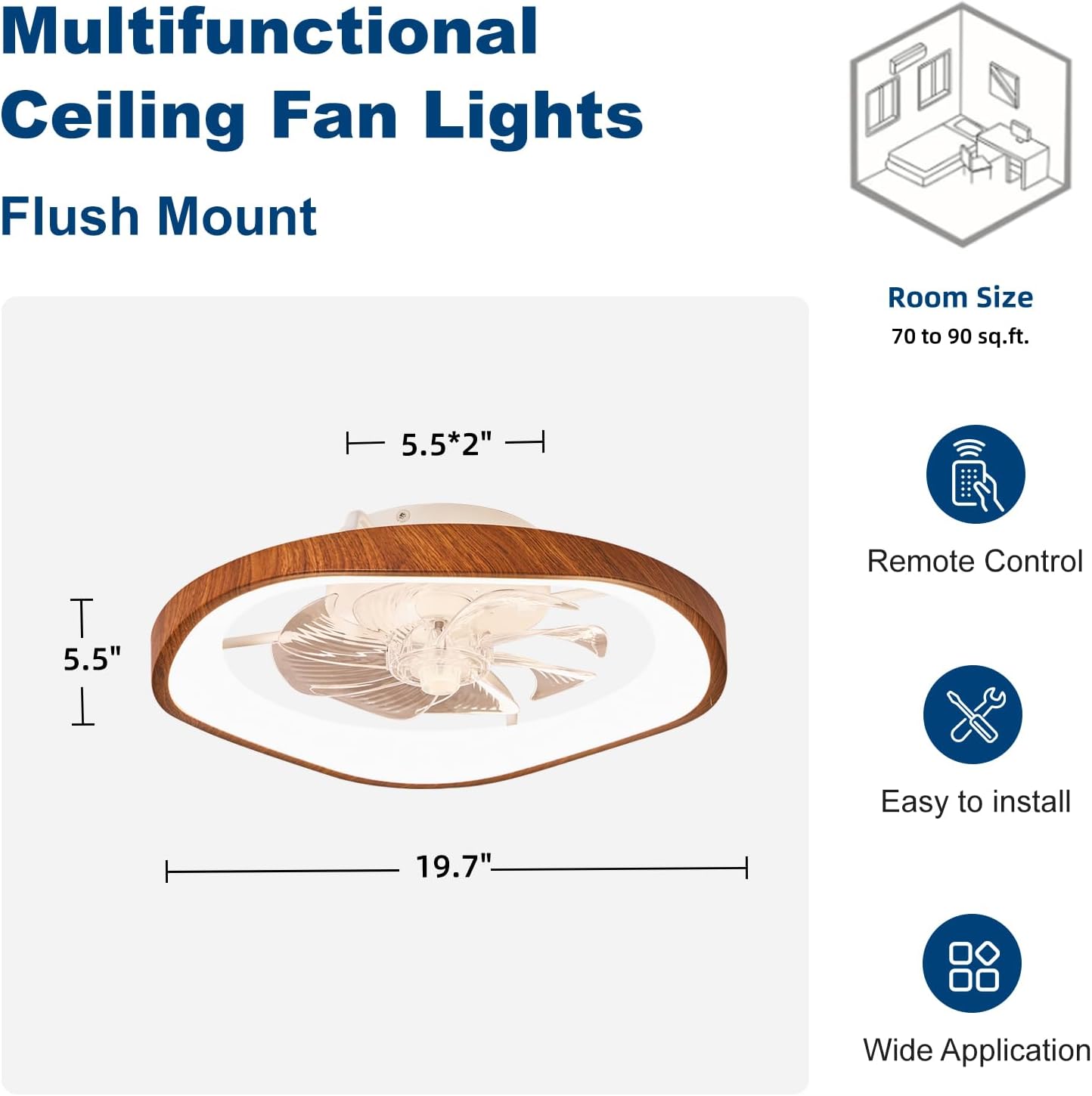 19.7" Modern Ceiling Fans with Lights and Remote Farmhouse Smart Bladeless Fandelier Flush Mount Ceiling Fan for Bedroom Dining Room