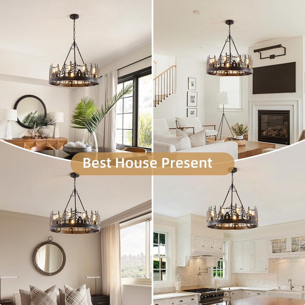 9-Light Rustic Farmhouse Chandelier Black Wagon Wheel Pendant Light Fixture 23.6” Round Vintage Bear Chandelier