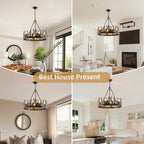 9-Light Rustic Farmhouse Chandelier Black Wagon Wheel Pendant Light Fixture 23.6” Round Vintage Bear Chandelier