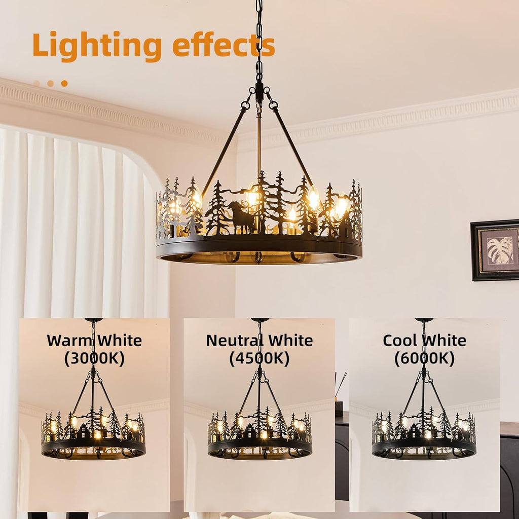 9-Light Rustic Farmhouse Chandelier Black Wagon Wheel Pendant Light Fixture 23.6” Round Vintage Bear Chandelier