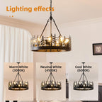 9-Light Rustic Farmhouse Chandelier Black Wagon Wheel Pendant Light Fixture 23.6” Round Vintage Bear Chandelier