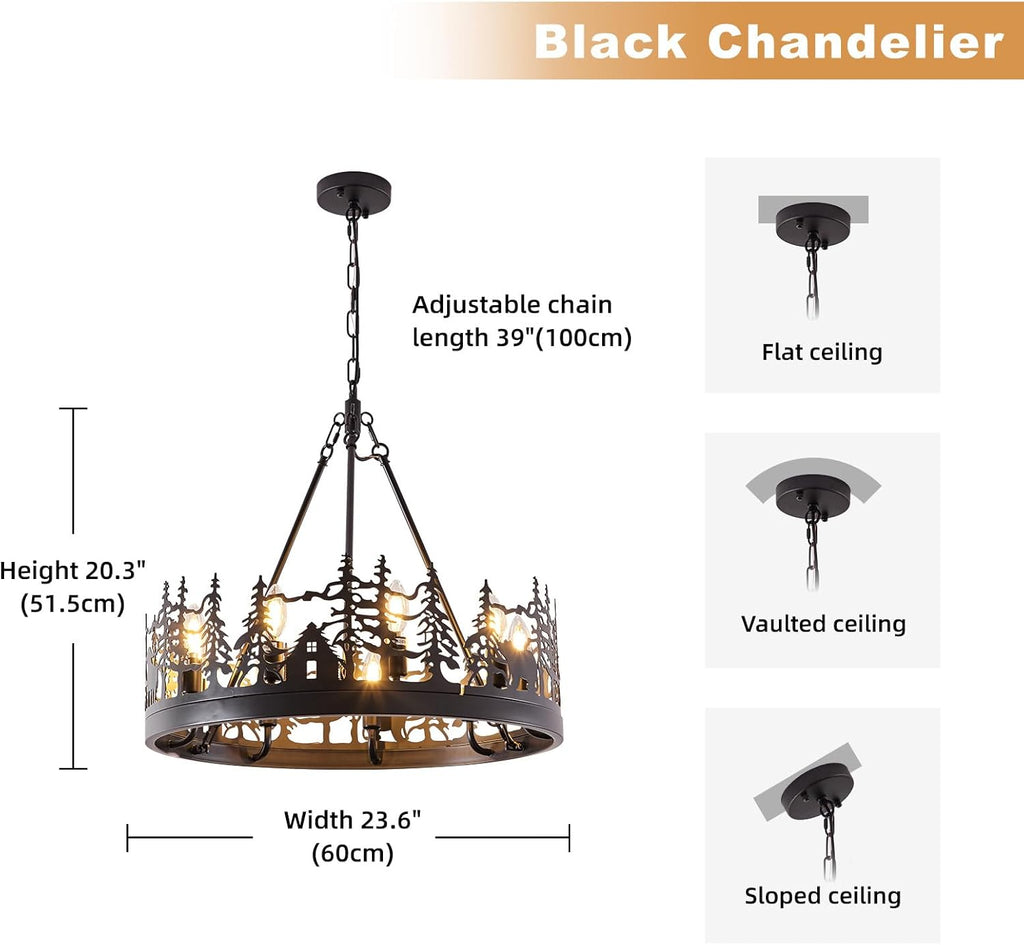 9-Light Rustic Farmhouse Chandelier Black Wagon Wheel Pendant Light Fixture 23.6” Round Vintage Bear Chandelier