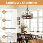 9-Light Rustic Farmhouse Chandelier Black Wagon Wheel Pendant Light Fixture 23.6” Round Vintage Bear Chandelier