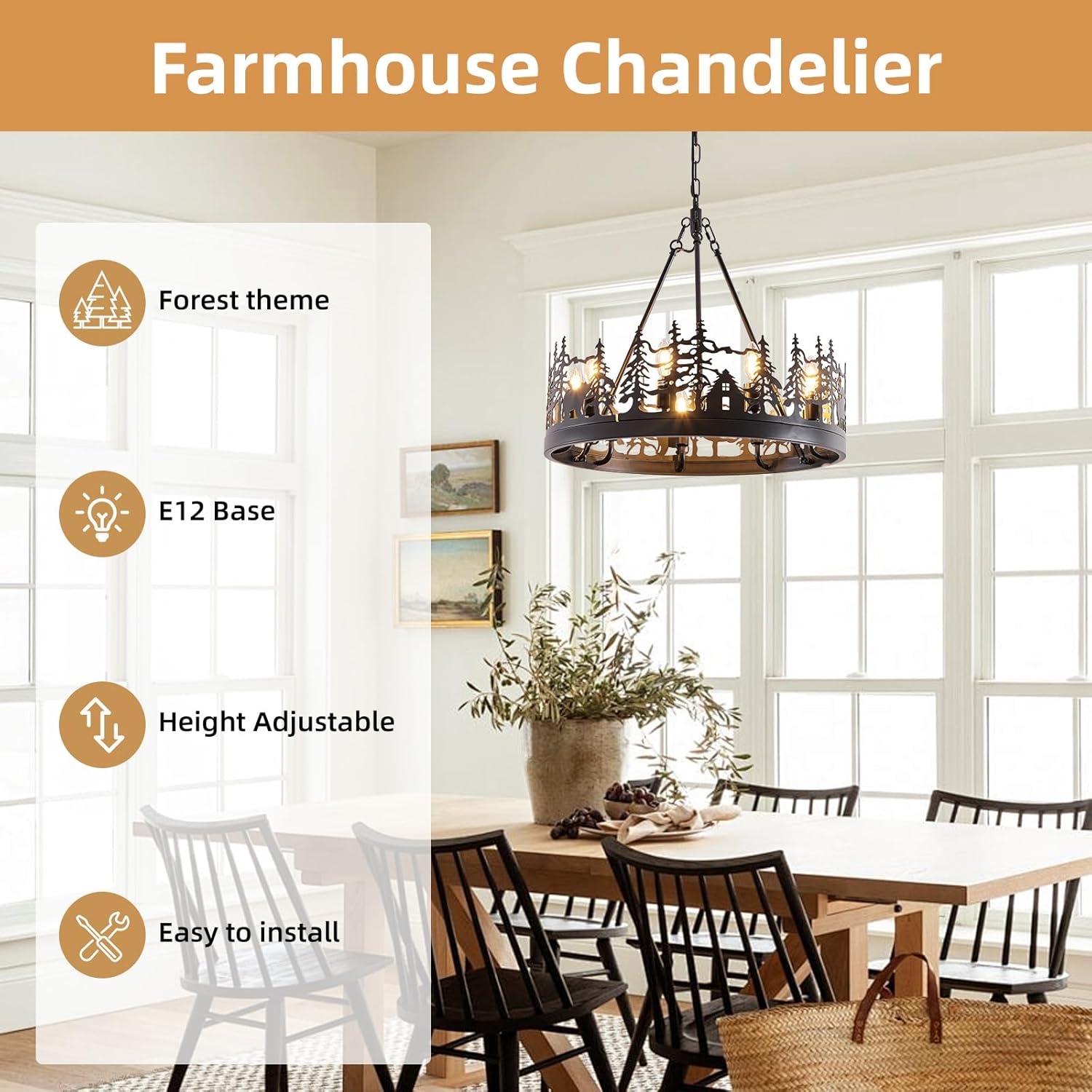 9-Light Rustic Farmhouse Chandelier Black Wagon Wheel Pendant Light Fixture 23.6” Round Vintage Bear Chandelier