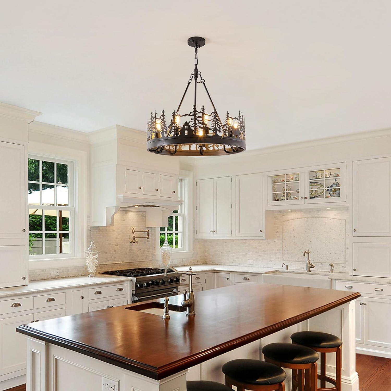 9-Light Rustic Farmhouse Chandelier Black Wagon Wheel Pendant Light Fixture 23.6” Round Vintage Bear Chandelier