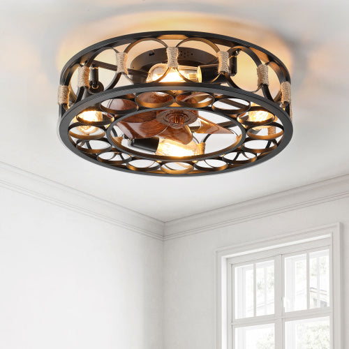 20" Caged Ceiling Fans with Lights and Remote Flush Mount Farmhouse Industrial Bladeless Ceiling Fan