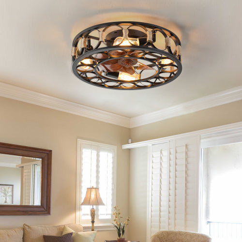 20" Caged Ceiling Fans with Lights and Remote Flush Mount Farmhouse Industrial Bladeless Ceiling Fan