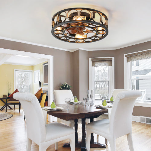 20" Caged Ceiling Fans with Lights and Remote Flush Mount Farmhouse Industrial Bladeless Ceiling Fan