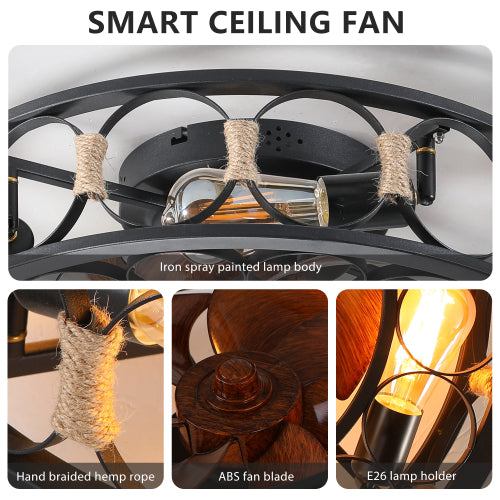20" Caged Ceiling Fans with Lights and Remote Flush Mount Farmhouse Industrial Bladeless Ceiling Fan
