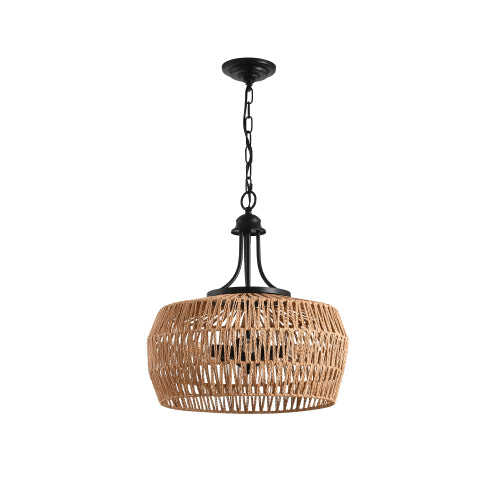 19" Boho Hemp Rope Pendant Light Hand-Woven Jute Hanging Lamp with Adjustable Chain Natural Rope Shade Ceiling Light