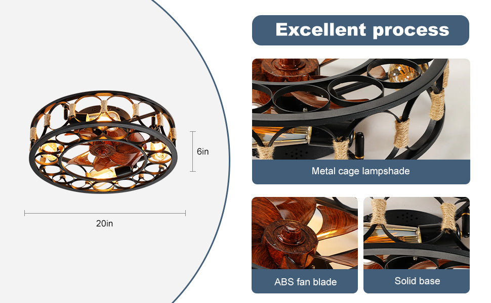 20" Caged Ceiling Fans with Lights and Remote Flush Mount Farmhouse Industrial Bladeless Ceiling Fan