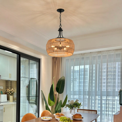 19" Boho Hemp Rope Pendant Light Hand-Woven Jute Hanging Lamp with Adjustable Chain Natural Rope Shade Ceiling Light