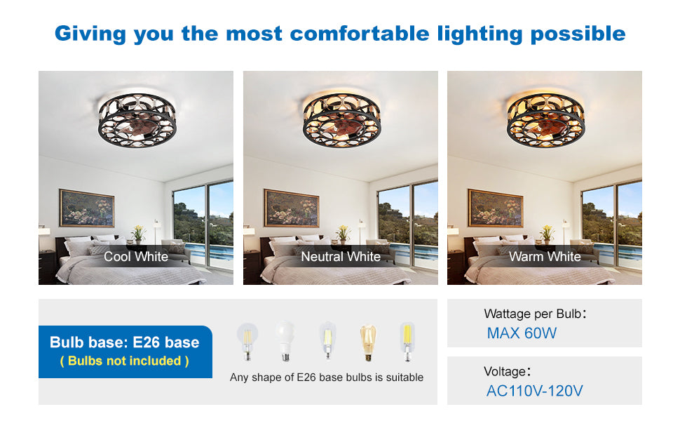 20" Caged Ceiling Fans with Lights and Remote Flush Mount Farmhouse Industrial Bladeless Ceiling Fan